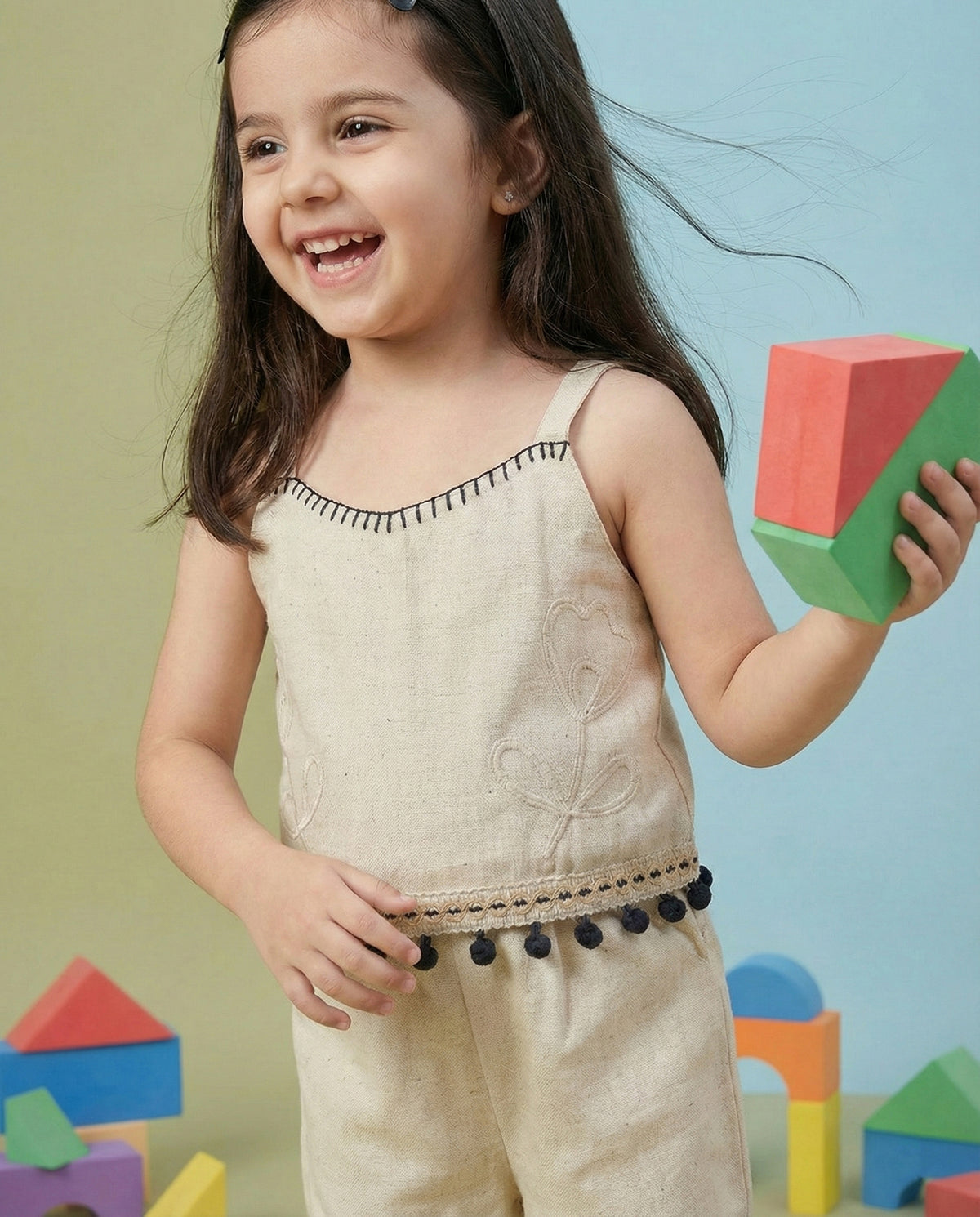 Girls Beige Floral Embroidered Sleeveless Top with Pom Pom Lace Wide Leg Pants Co-Ord Set