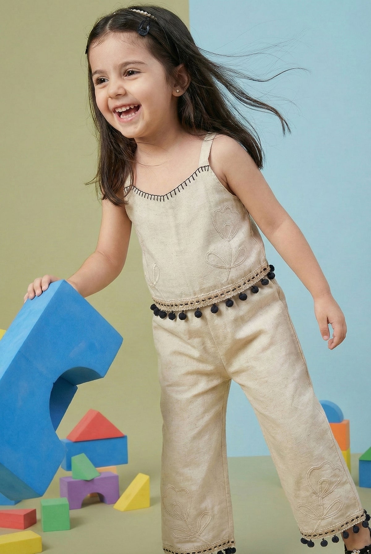 Girls Beige Floral Embroidered Sleeveless Top with Pom Pom Lace Wide Leg Pants Co-Ord Set