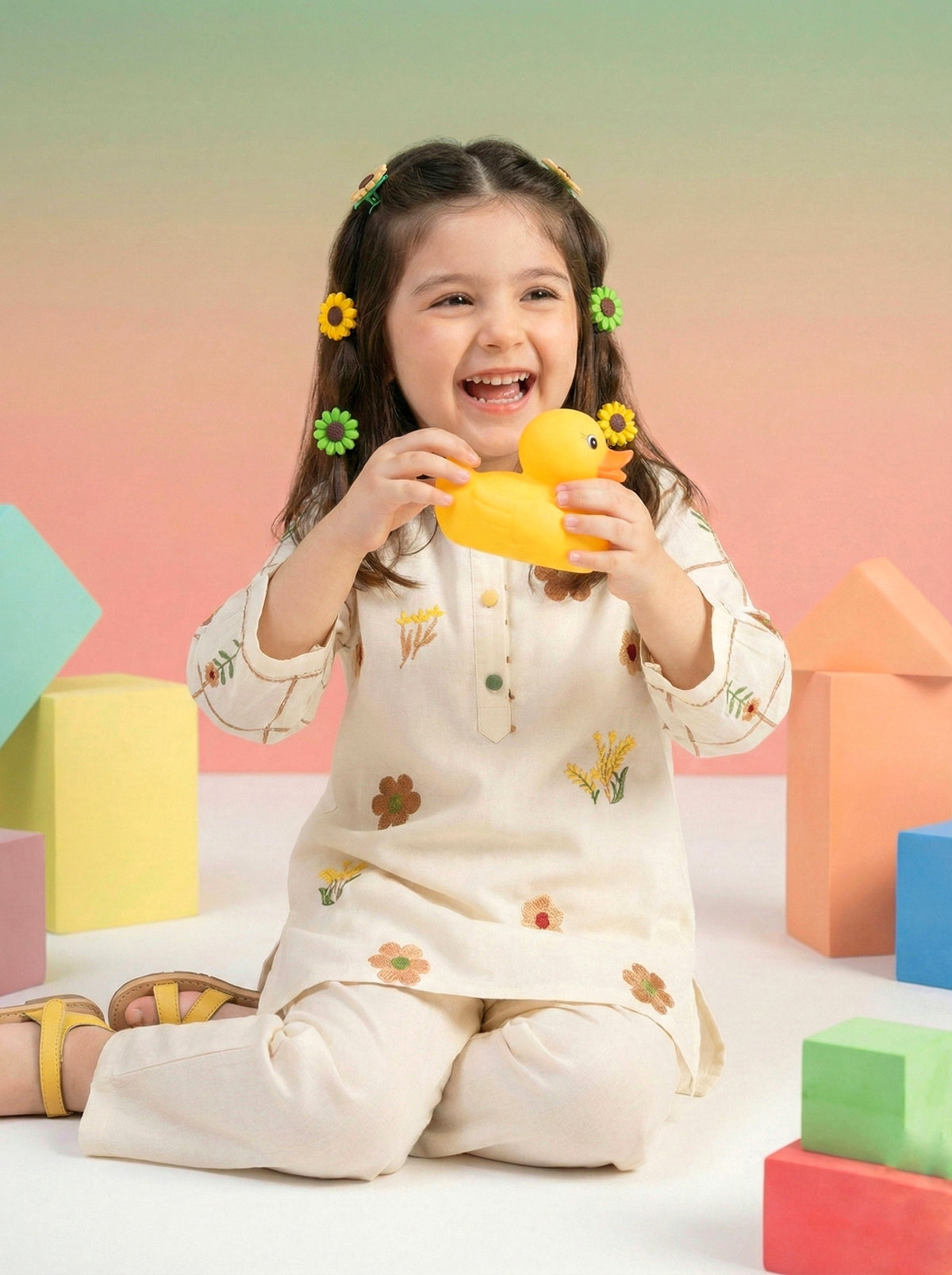 Girls Ivory White Floral Embroidered Full Sleeve Kurta with Straight Pants Co-Ord Set