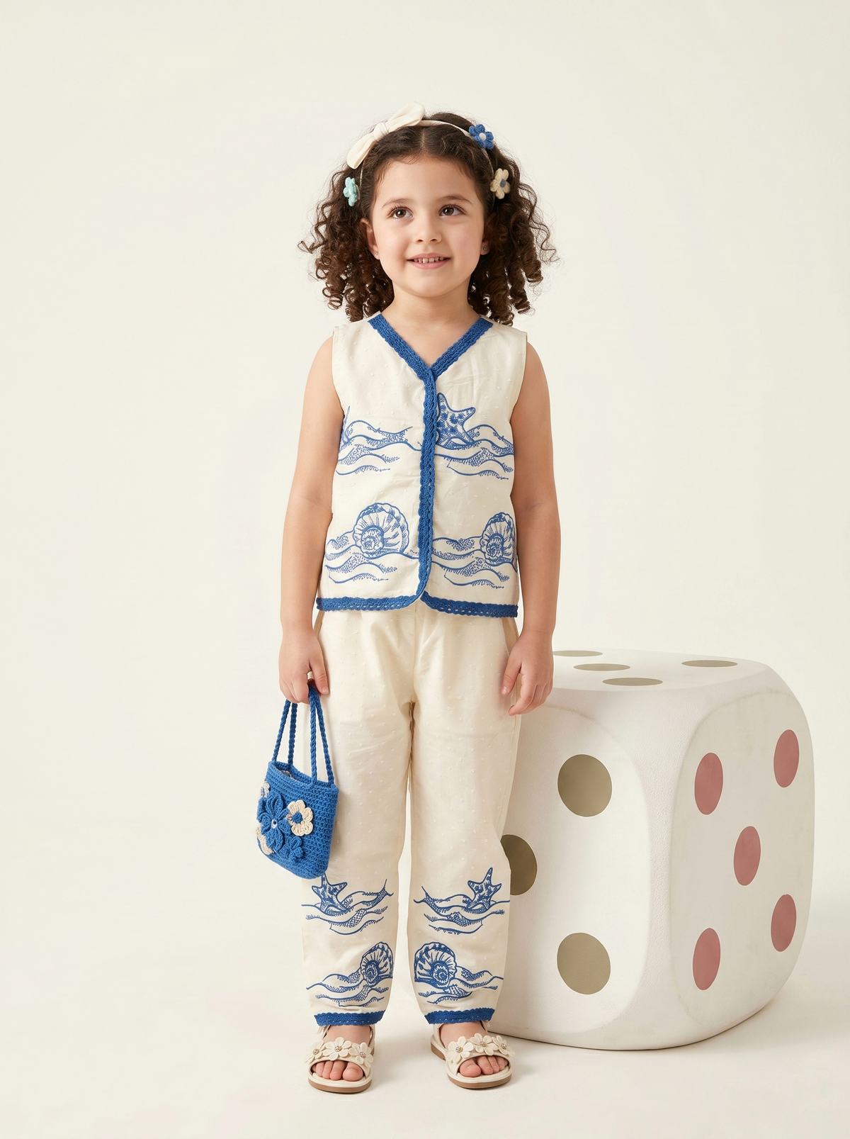 Girls Ivory White & Blue Ocean Printed Sleeveless Top with Matching Pants Co-Ord Set