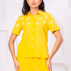 Yellow Button-Down Eyelet Embroidery Chic Co-Ord Set