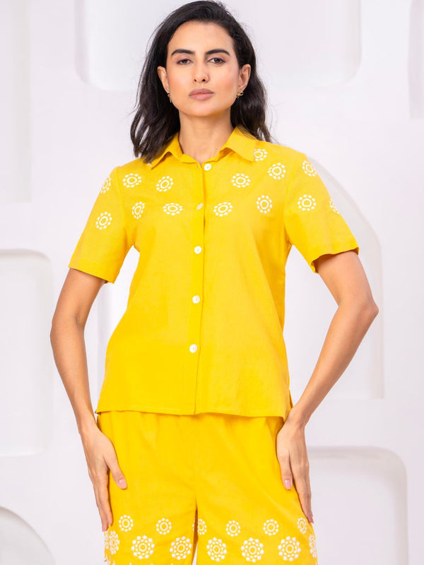 Yellow Button-Down Eyelet Embroidery Chic Co-Ord Set