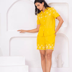 Yellow Button-Down Eyelet Embroidery Chic Co-Ord Set