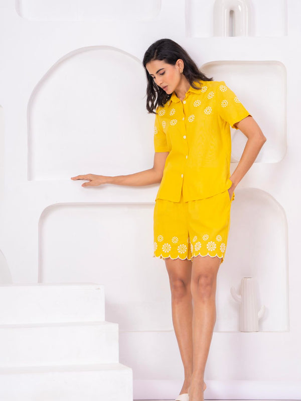Yellow Button-Down Eyelet Embroidery Chic Co-Ord Set