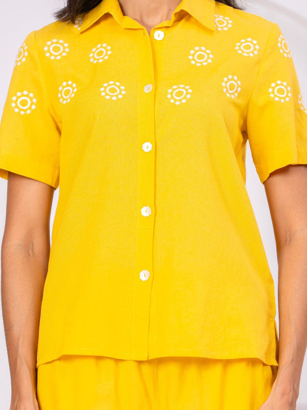 Yellow Button-Down Eyelet Embroidery Chic Co-Ord Set