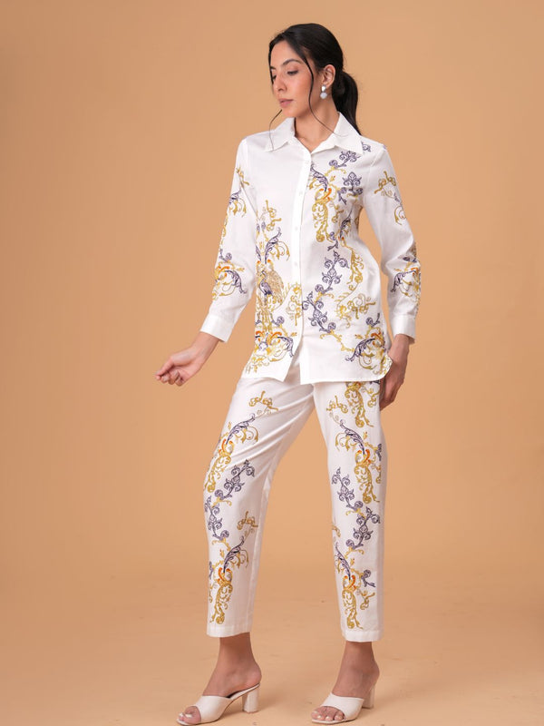 Luxury White Printed Full Sleeve Women’s Co-ord