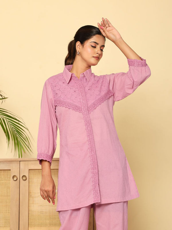 Graceful Lavender Co-Ord Ensemble Featuring Intricate Lace and Comfort Fit