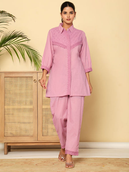 Graceful Lavender Co-Ord Ensemble Featuring Intricate Lace and Comfort Fit