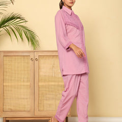 Graceful Lavender Co-Ord Ensemble Featuring Intricate Lace and Comfort Fit