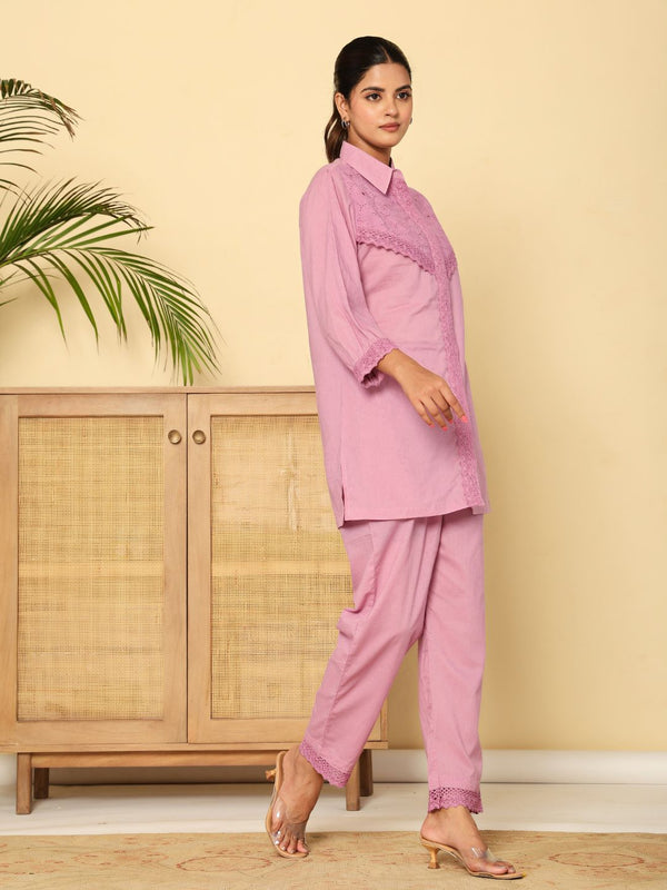 Graceful Lavender Co-Ord Ensemble Featuring Intricate Lace and Comfort Fit