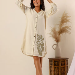 Beige flower embroidery Cotton Shirt Dress