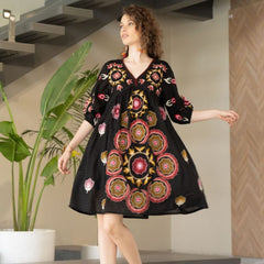 Chic Black Embroidered Cotton Midi Dress with V-Neck & Elbow Sleeves