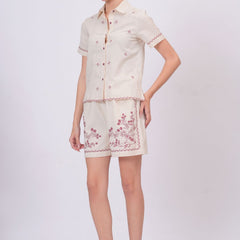 Blush Pink Embroidery Beige Cotton Co-ord Set