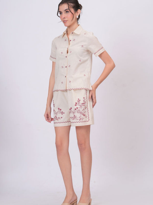 Blush Pink Embroidery Beige Cotton Co-ord Set