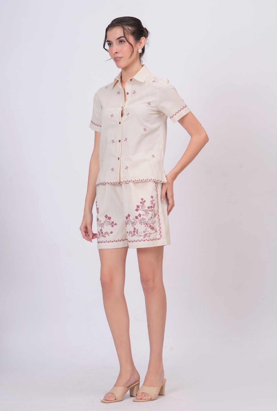 Blush Pink Embroidery Beige Cotton Co-ord Set