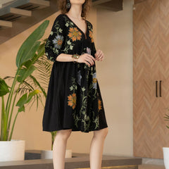Black Cotton Embroidered Midi Dress with V-Neck & Elbow Sleeves