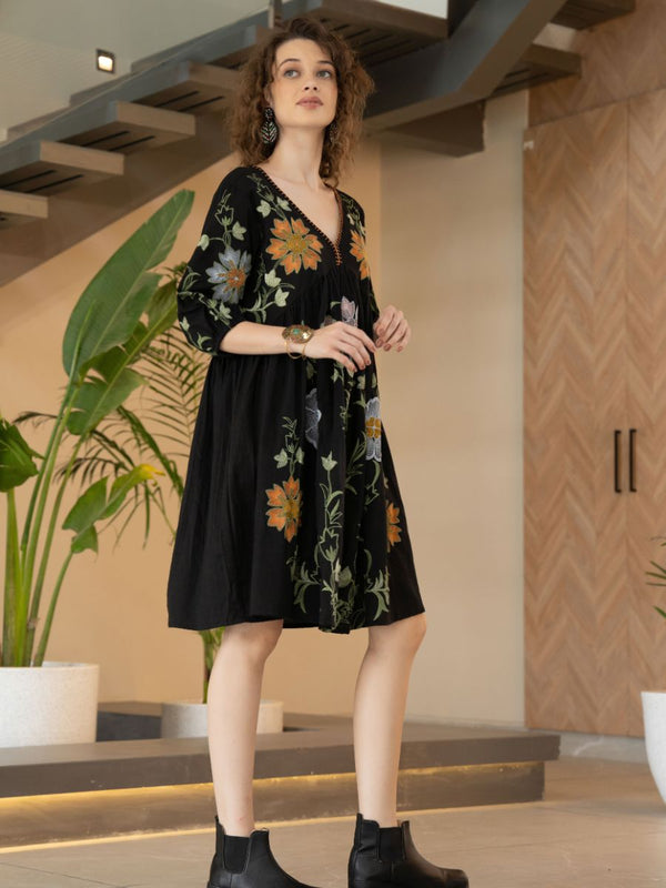Black Cotton Embroidered Midi Dress with V-Neck & Elbow Sleeves