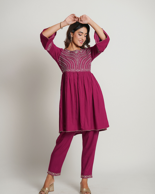 Mehroon Rayon Embroidered Co-Ord Set