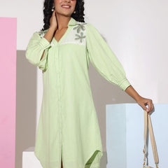 Pastel Green Sequined Work Shirt Dress
