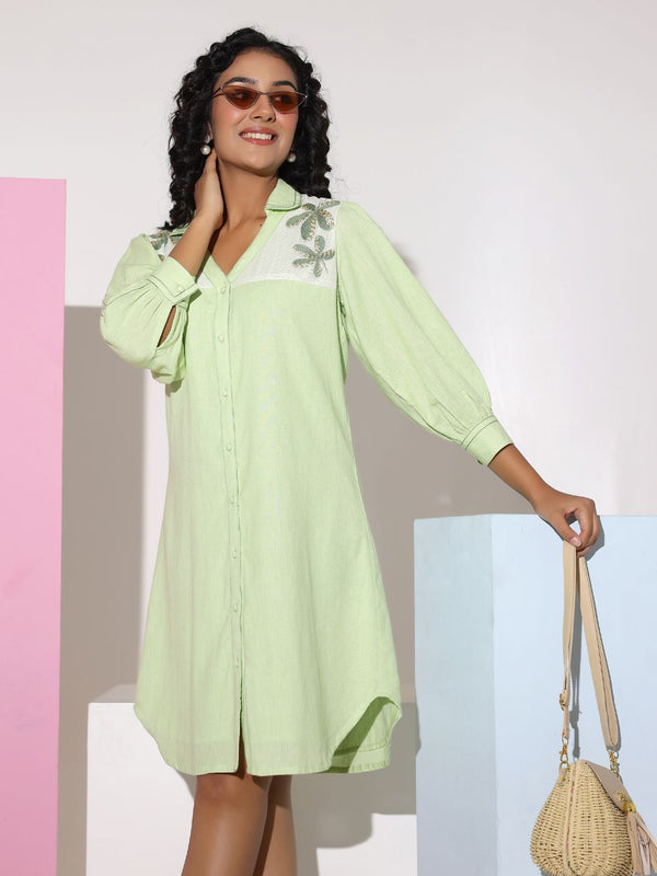 Pastel Green Sequined Work Shirt Dress