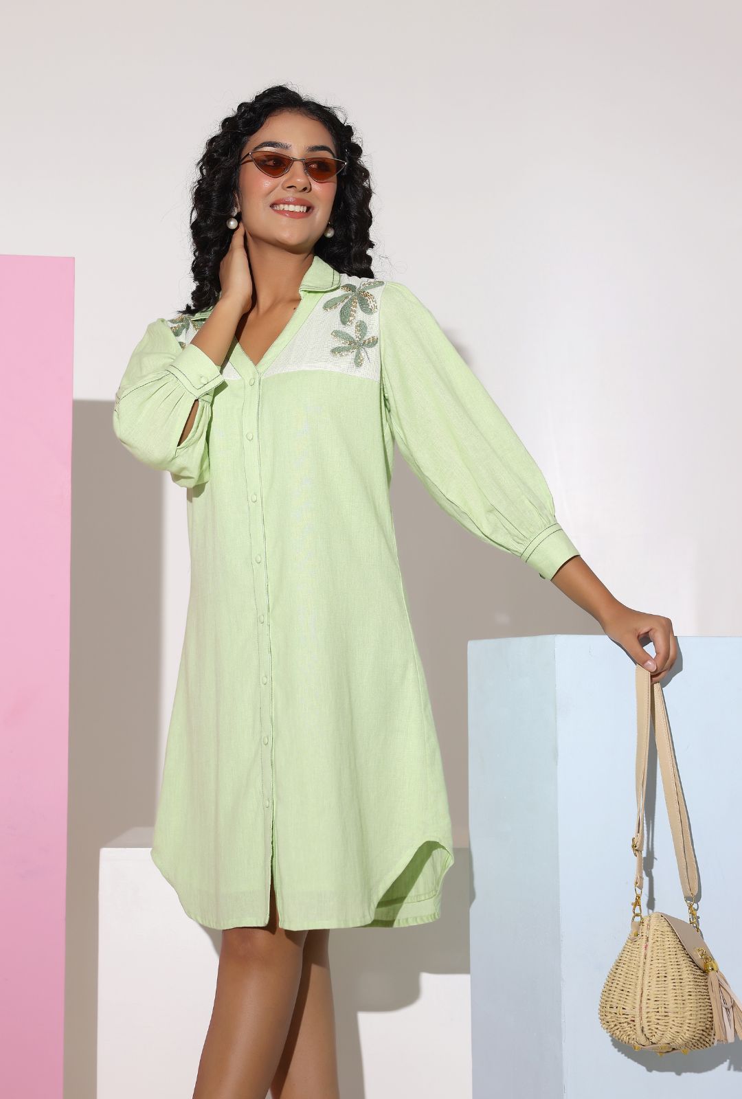 Pastel Green Sequined Work Shirt Dress