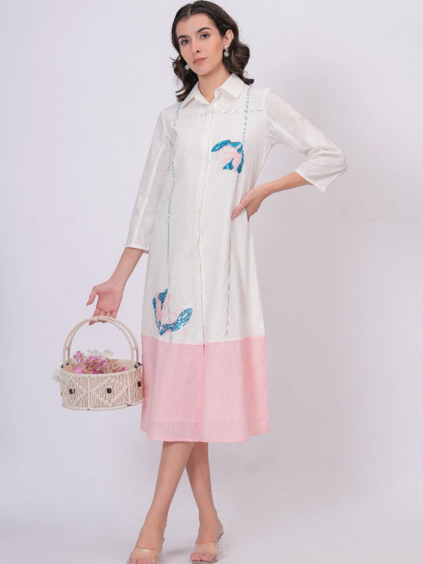 Pink Linen Embroidered Shirt Dress
