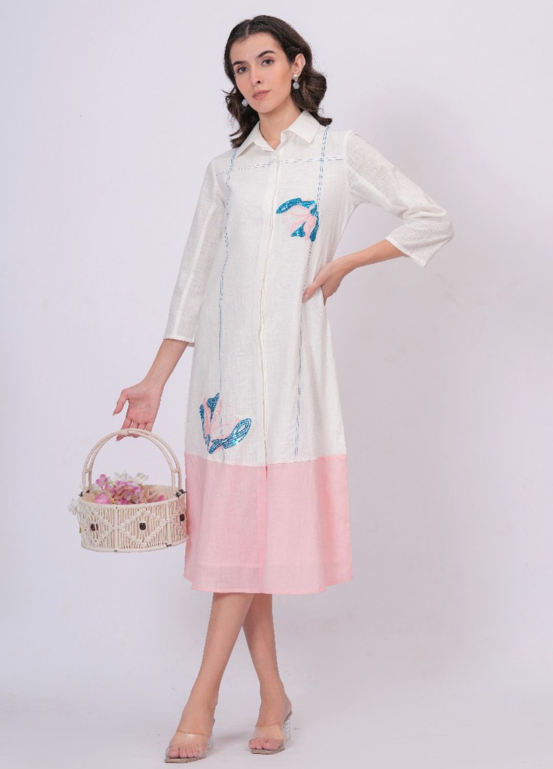 Pink Linen Embroidered Shirt Dress