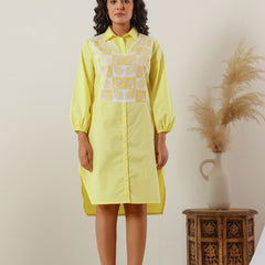 Sunshine Yellow Cotton Embroidered Shirt Dress