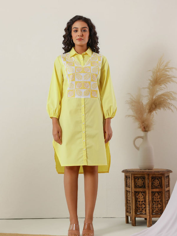 Sunshine Yellow Cotton Embroidered Shirt Dress