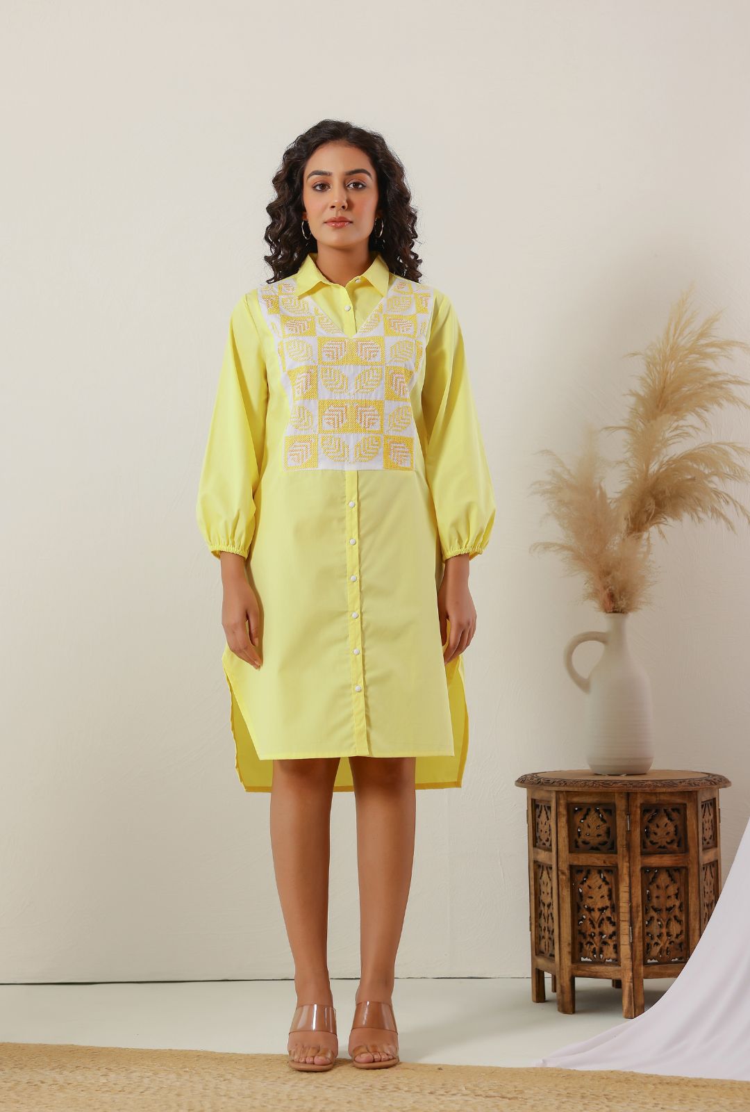 Sunshine Yellow Cotton Embroidered Shirt Dress