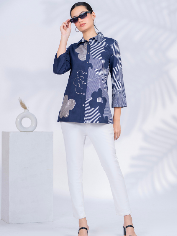 Women Designer Patchwork Navy Casual Shirt