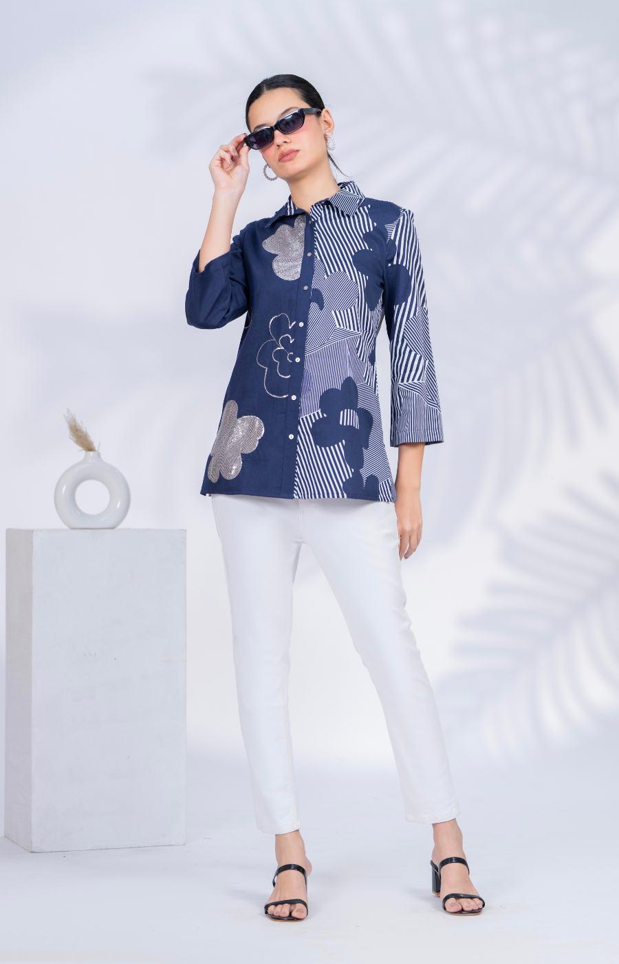 Women Designer Patchwork Navy Casual Shirt