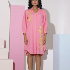 Pink Cotton Mini Shirt Dress