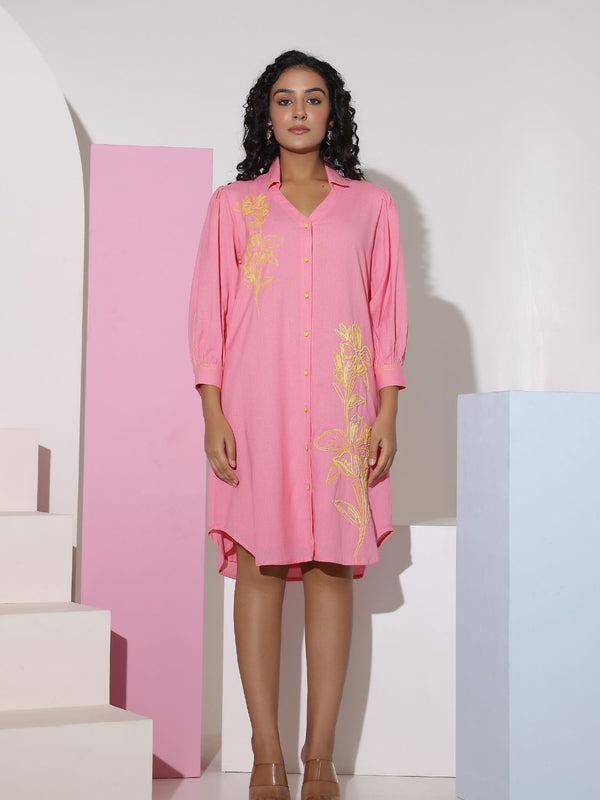 Pink Cotton Mini Shirt Dress