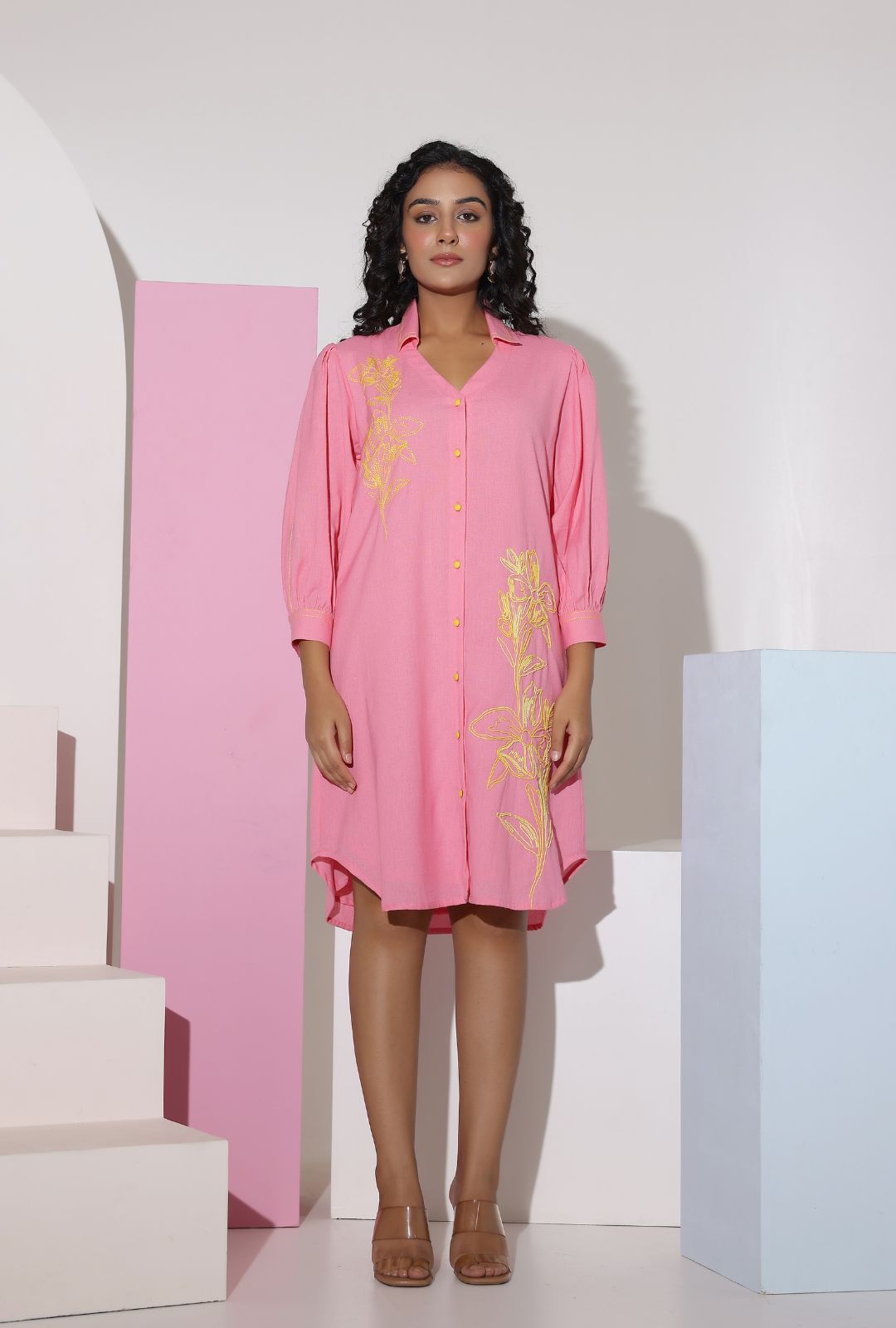 Pink Cotton Mini Shirt Dress