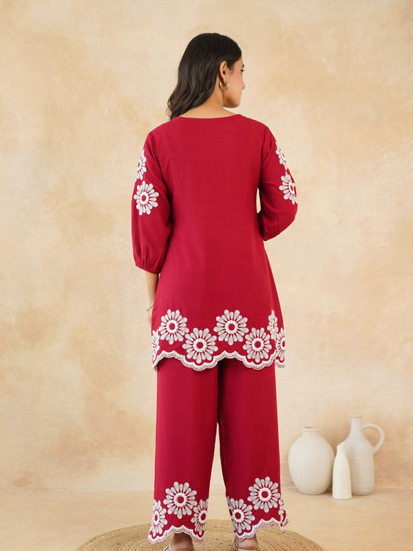 Stylish Red Flower Work Women’s Two-Piece Set
