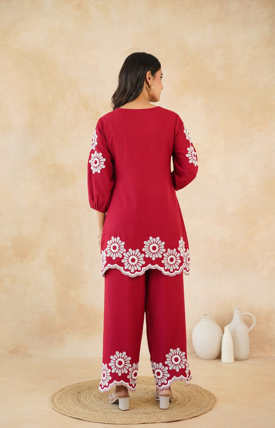 Stylish Red Flower Work Women’s Two-Piece Set