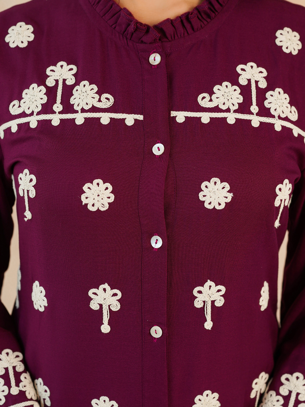 Maroon Embroidered Rayon Midi Dress