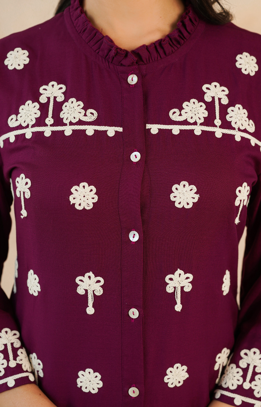 Maroon Embroidered Rayon Midi Dress