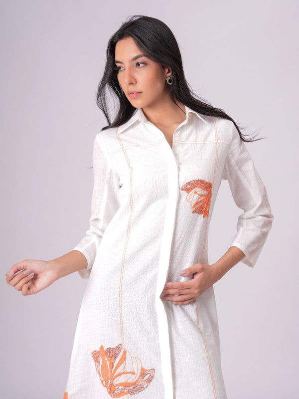 Airy Cotton Linen White Embroidered Midi Dress
