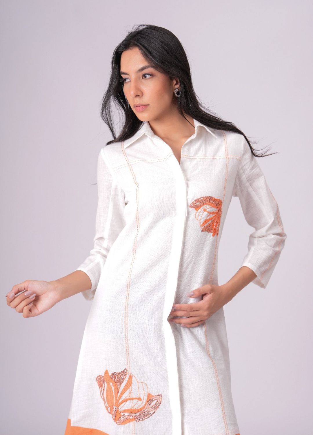 Airy Cotton Linen White Embroidered Midi Dress
