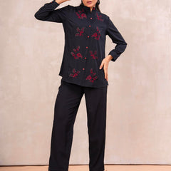 Classic Black High-Neck Embroidered Tunic Top