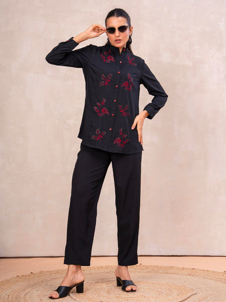 Classic Black High-Neck Embroidered Tunic Top