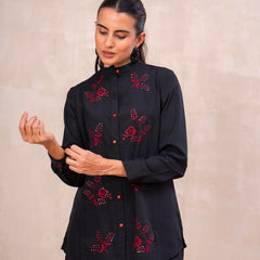 Classic Black High-Neck Embroidered Tunic Top