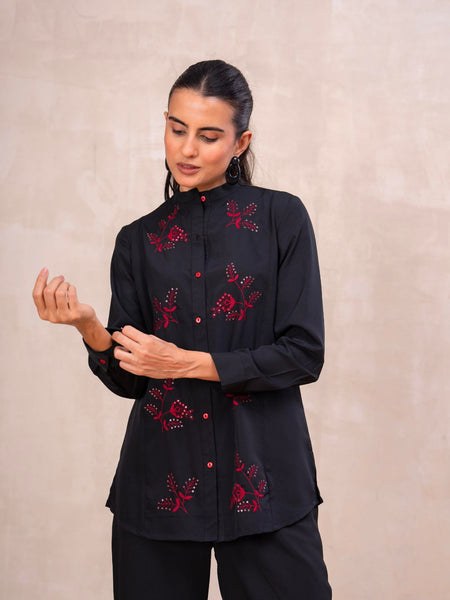 Classic Black High-Neck Embroidered Tunic Top
