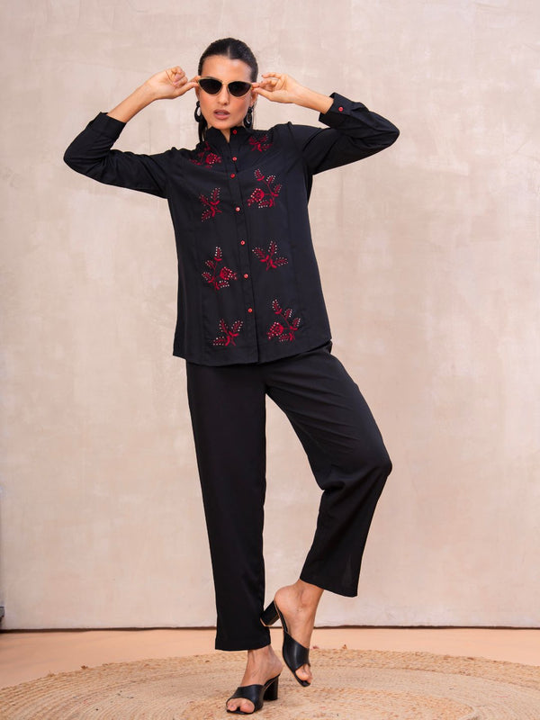 Classic Black High-Neck Embroidered Tunic Top