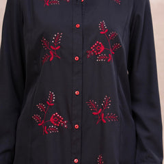 Classic Black High-Neck Embroidered Tunic Top