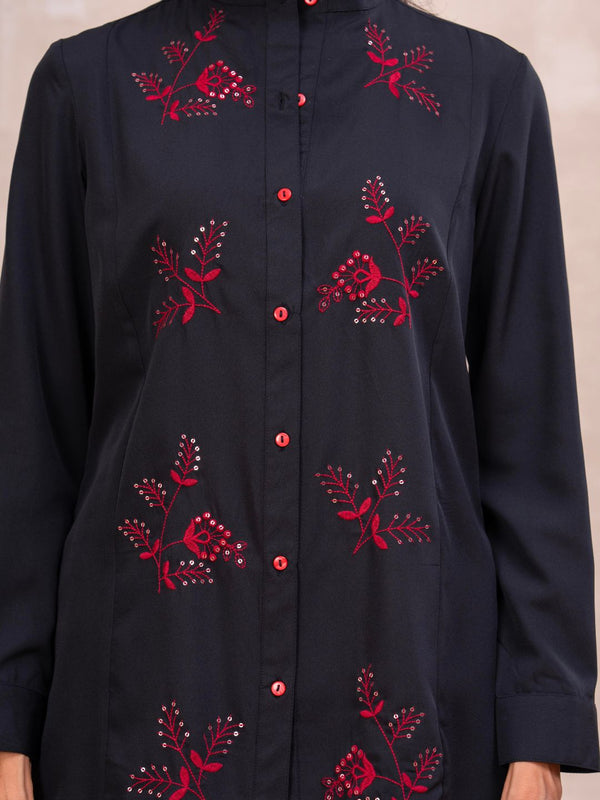Classic Black High-Neck Embroidered Tunic Top