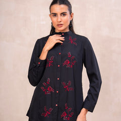 Classic Black High-Neck Embroidered Tunic Top