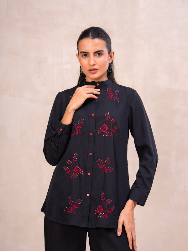Classic Black High-Neck Embroidered Tunic Top